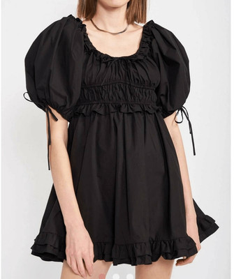 NWT En Saison Dress Women's Medium Black Cotton Poplin Mini Puff Sleeve