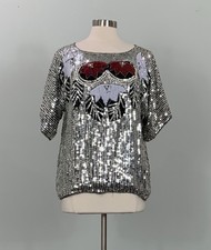 Vintage Cee Cee Oversized Silver and Black Sequin Blouse - Small