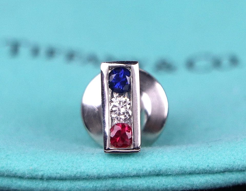 Tiffany & Co Platinum Round Blue Sapphire Ruby Diamond Bar American Flag Tie Pin - Image 3 of 4