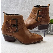 ROAN Ville Brown Leather Studded Buckle Western Ankle Boots Womens Size 6