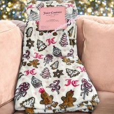 Juicy Couture Christmas Gingerbread Pink Crown Candy Cane Throw Blanket 60“X70"