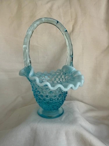 Fenton depression glass blue hopnail pattern mini basket CUTE!
