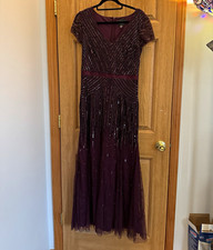 Adrianna Papell Burgundy Beaded Sequin Long Gown Dress US 10 V-Neck Zip Back