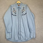 Vintage Miller 70's Western Shirt Men's 16-36 Blue Embroidered Floral Pearl Snap