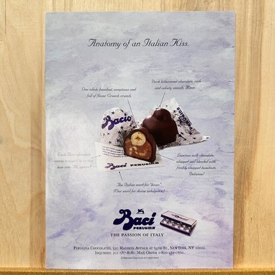 1998 Baci Perugina Hazelnut Chocolate Vintage Print Ad Italian Kiss Candy Advert