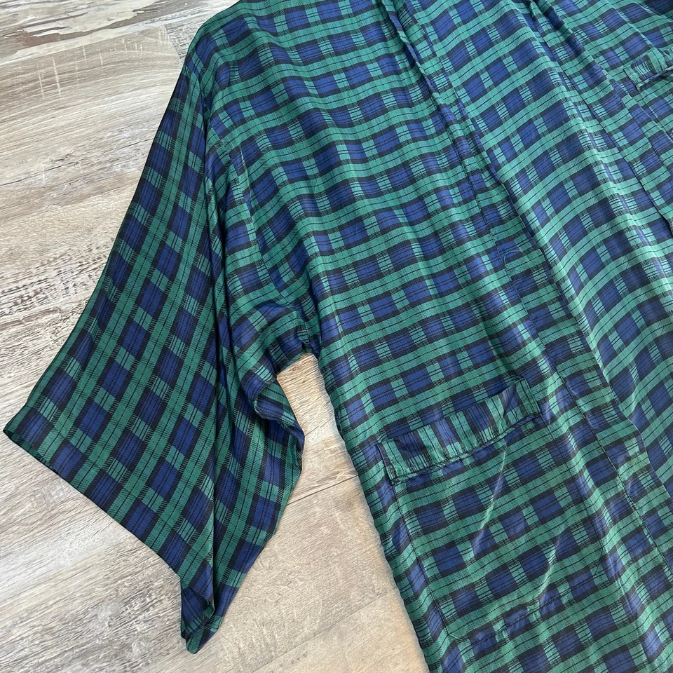 Addiction Kimono Robe 100% Silk Green Navy Plaid Open Front Duster Jacket - Image 2 of 4