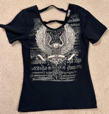 Y2K Bus Stop Affliction Style Eagle Wings Bling Rhinestone Top T-Shirt Size XL