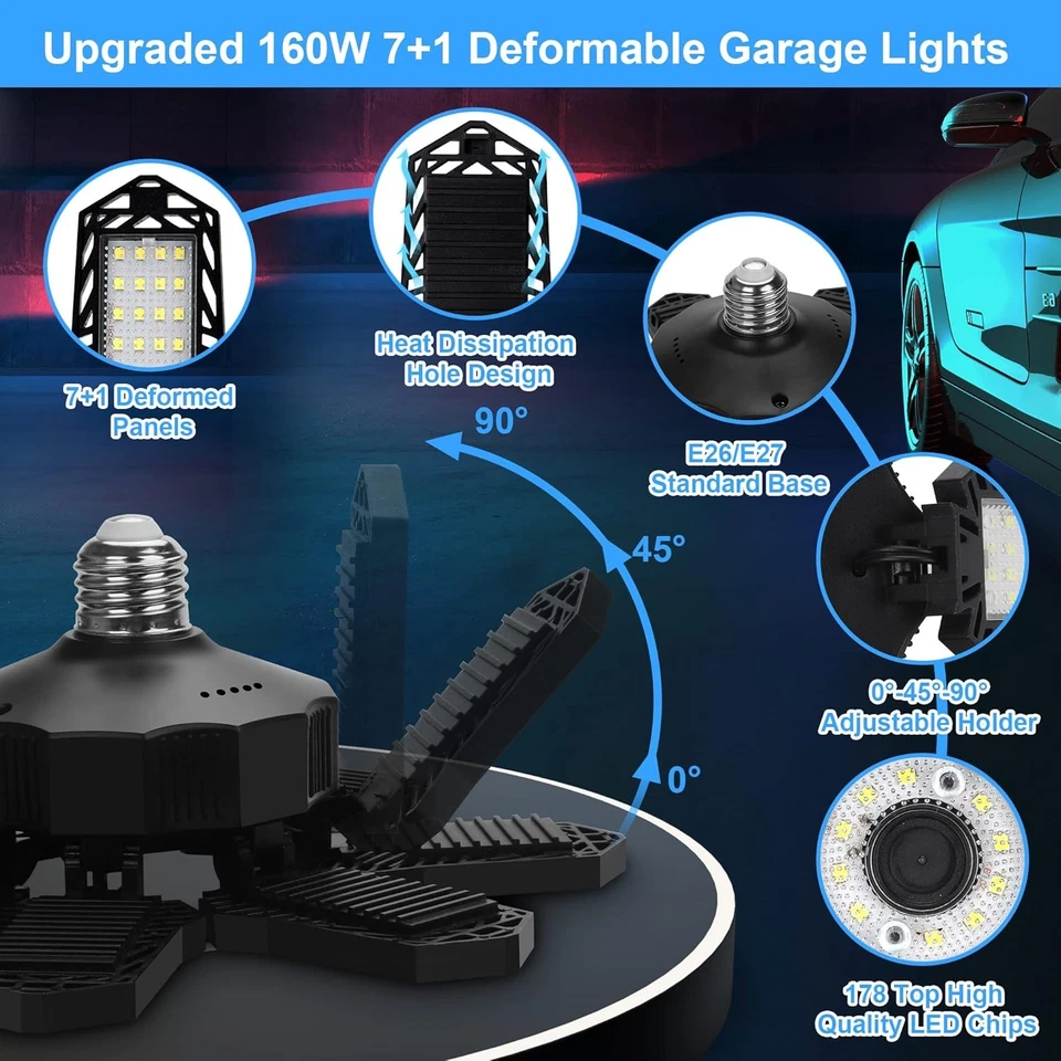 2Pack LED Garage Light 9900000LM Deformable Bright Work Shop Ceiling Bulb Lamps - Image 4 of 4