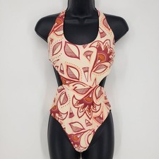 Aerie Boho Floral Print Cut Out Open Back One Piece Swimsuit S Peach Red