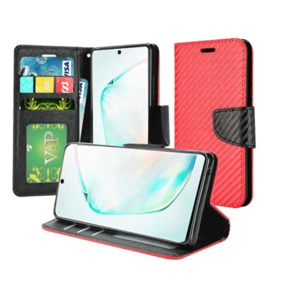 For Samsung Note 10 Wallet Flip Case Textured Carbon Fiber Case RED