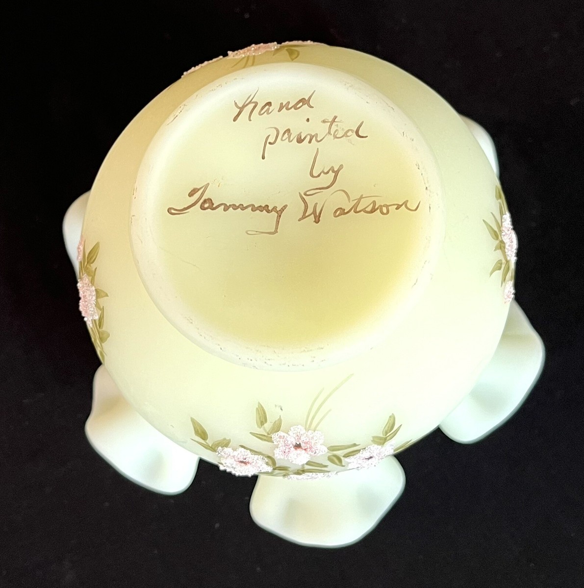 FENTON Custard Satin Ruffled Uranium Vaseline Glass Hand Painted