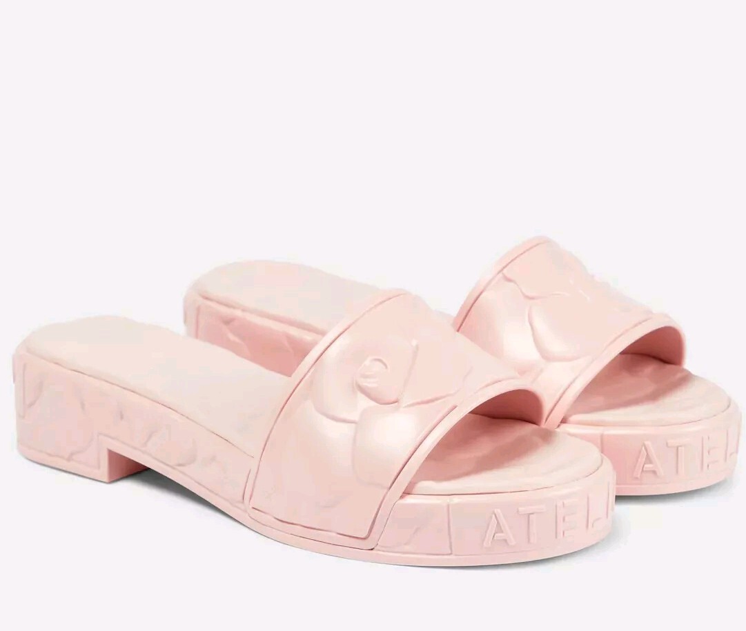 VALENTINO GARAVANI Atelier Floral Rubber Slides Rose Quartz EU 40