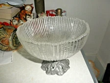 Vintage Lovely Compote Candy Ribbed Glass Dish with Leaf/Vine Metal Base 6 1/2"