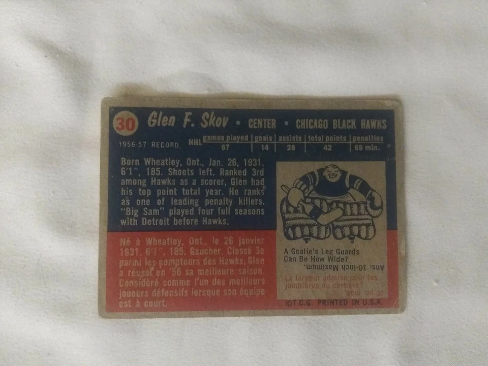 1957-58 Topps Hockey Glen Skov #30 G-VG - Image 2 of 2