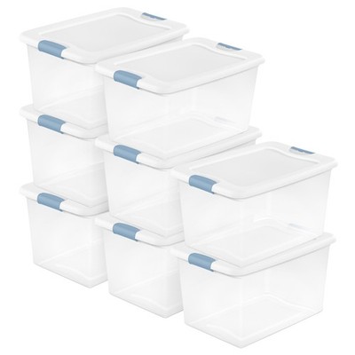 Sterilite 64 Qt Latching Box Stackable Storage Container with Lid, White, 8 Pack