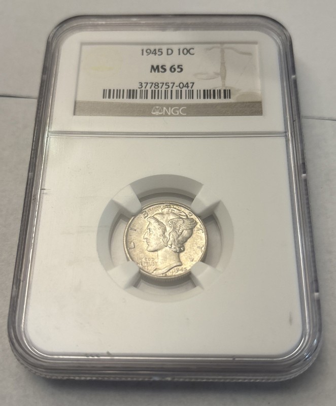 1945-D Mercury Silver Dime MS65 NGC, Bright White! Old White Holder - NICE!