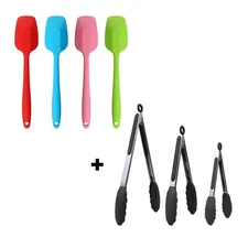 4-piece Silicone Spoon Spatulas + 3-piece Silicone Tongs Set