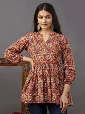 Indian Women Maroon A-Line Cotton Floral Printed Kurta Kurti Top Tunic New Dress