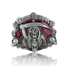 Grim Reaper Belt Buckle With Scythe & Skulls Memento Mori Red Enamel Pewter NEW 