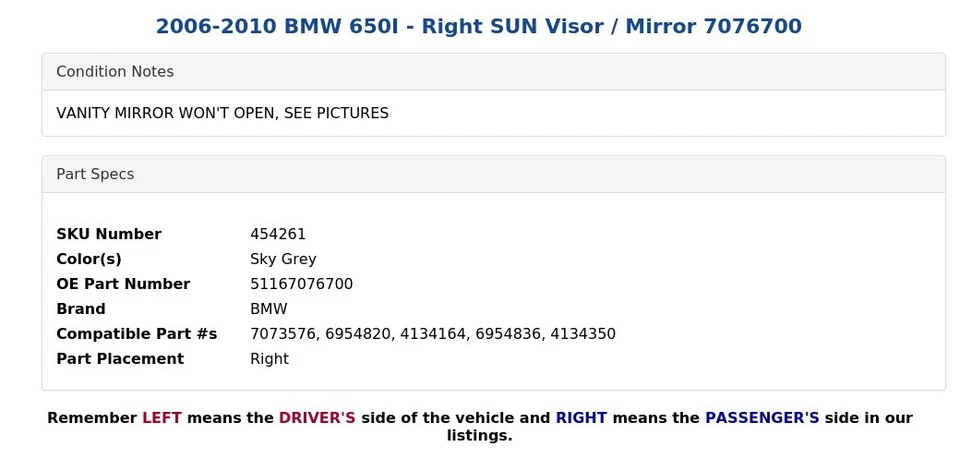 2006-2010 BMW 650I - Viseira solar direita / espelho 7076700 - Imagem 4 de 4