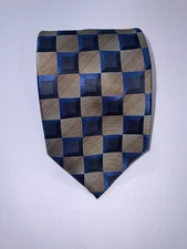Bergamo New York Men’s tie  x-long geo polyester  blue, gold USA 3 3/4”  x 64”