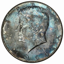 1964 Kennedy Half Dollar - Unc - Beautiful Monster Toned Blue Toning! (Inv#175)