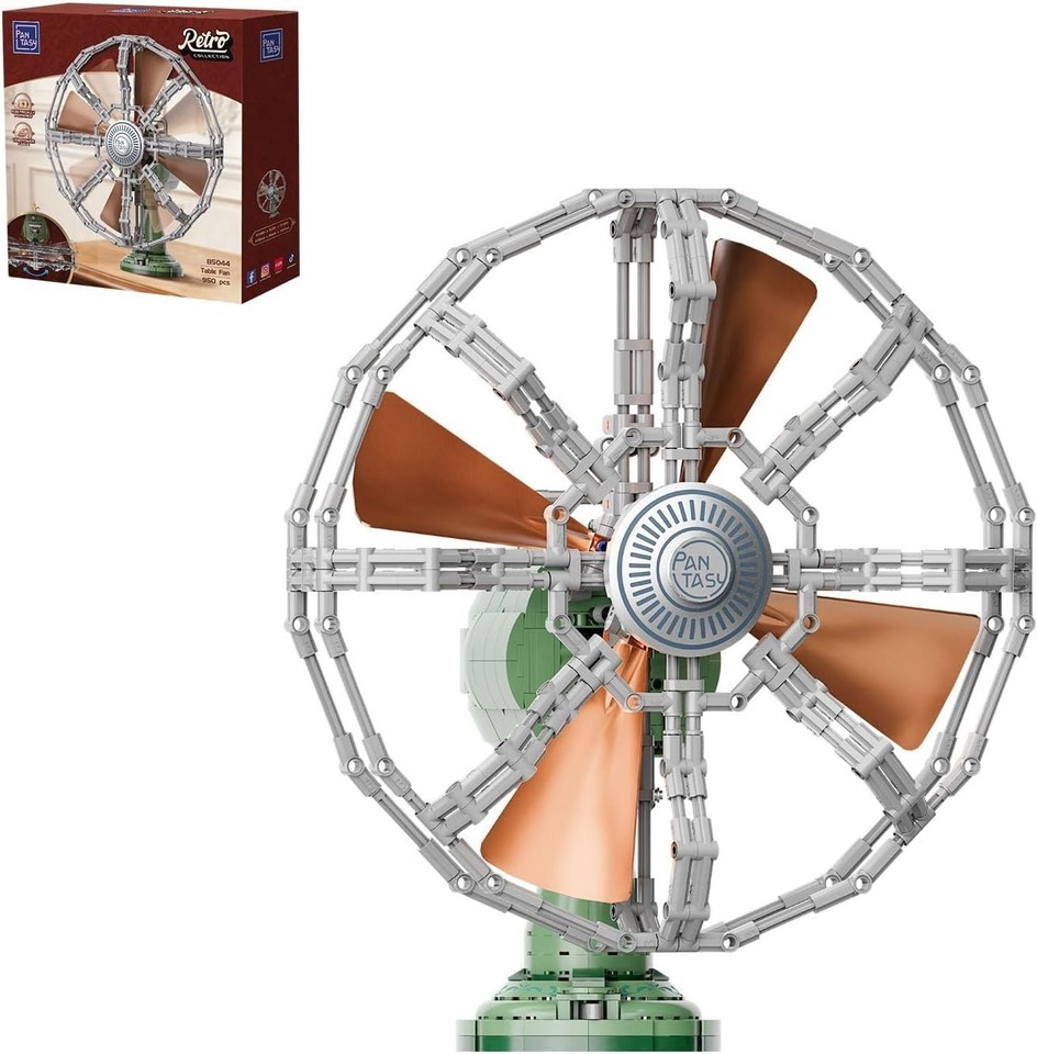 A LEGO-style retro desk fan building set that actually oscillates — you build it, then it sits on your desk doing its tiny, magnificent job.