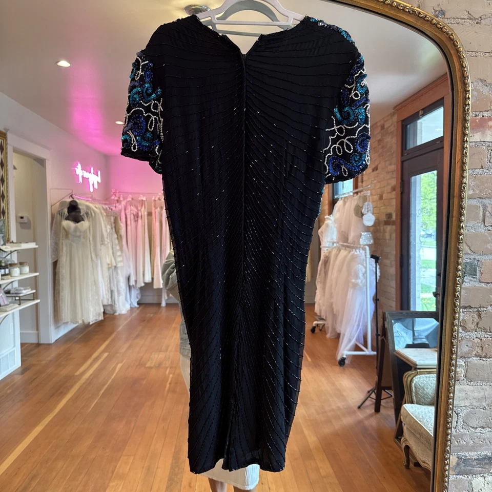 复古 Stenay 珠饰黑色和蓝色 100% 真丝连衣裙  — 第 4/4 张图片