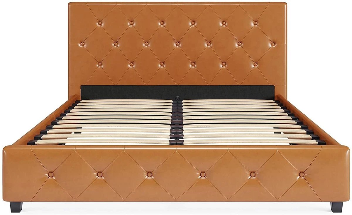 Brown leather sale bed frame queen