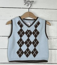 Baby Boys PETIT AMI Sz 12m Sweater Vest Top Light Blue Brown Argyle