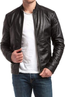 Leather Jacket Mens Biker Motorcycle Style Men Slim Fit Real Racer Soft Black 20