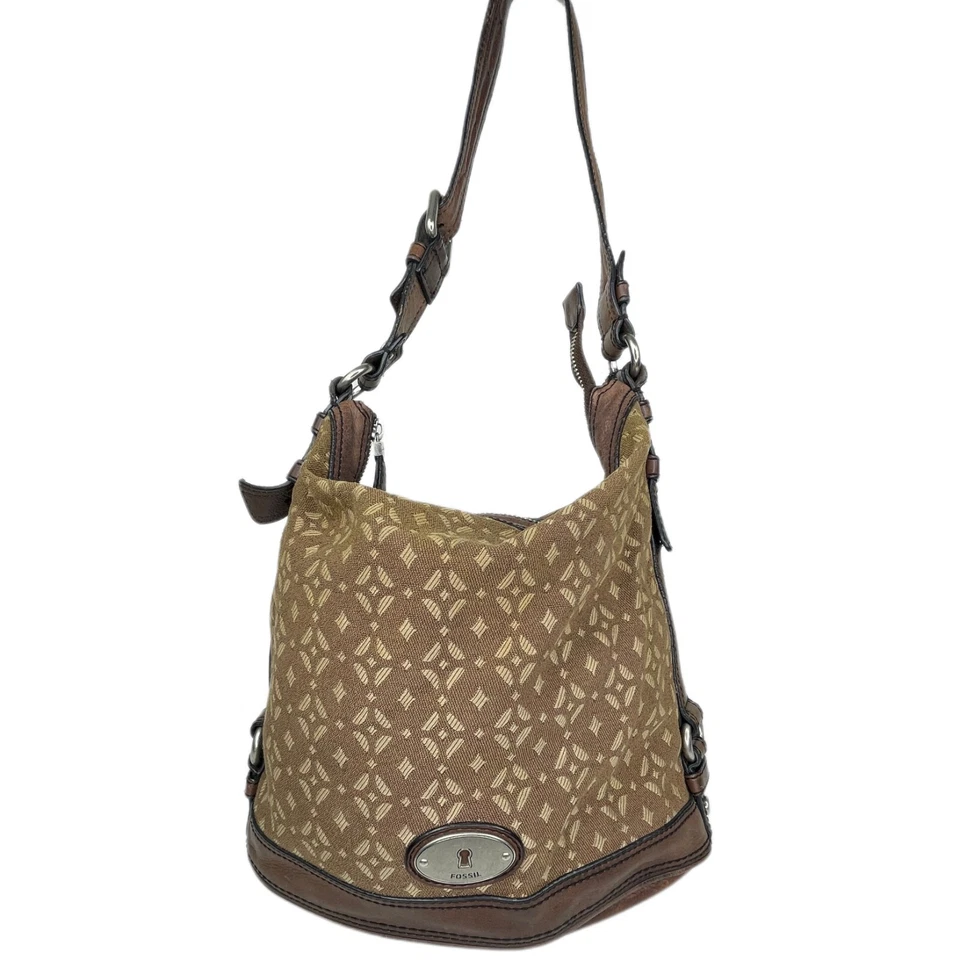 Fossil 大号 Maddox 棕色皮革印花帆布桶流浪汉单肩包钱包 — 第 2/4 张图片