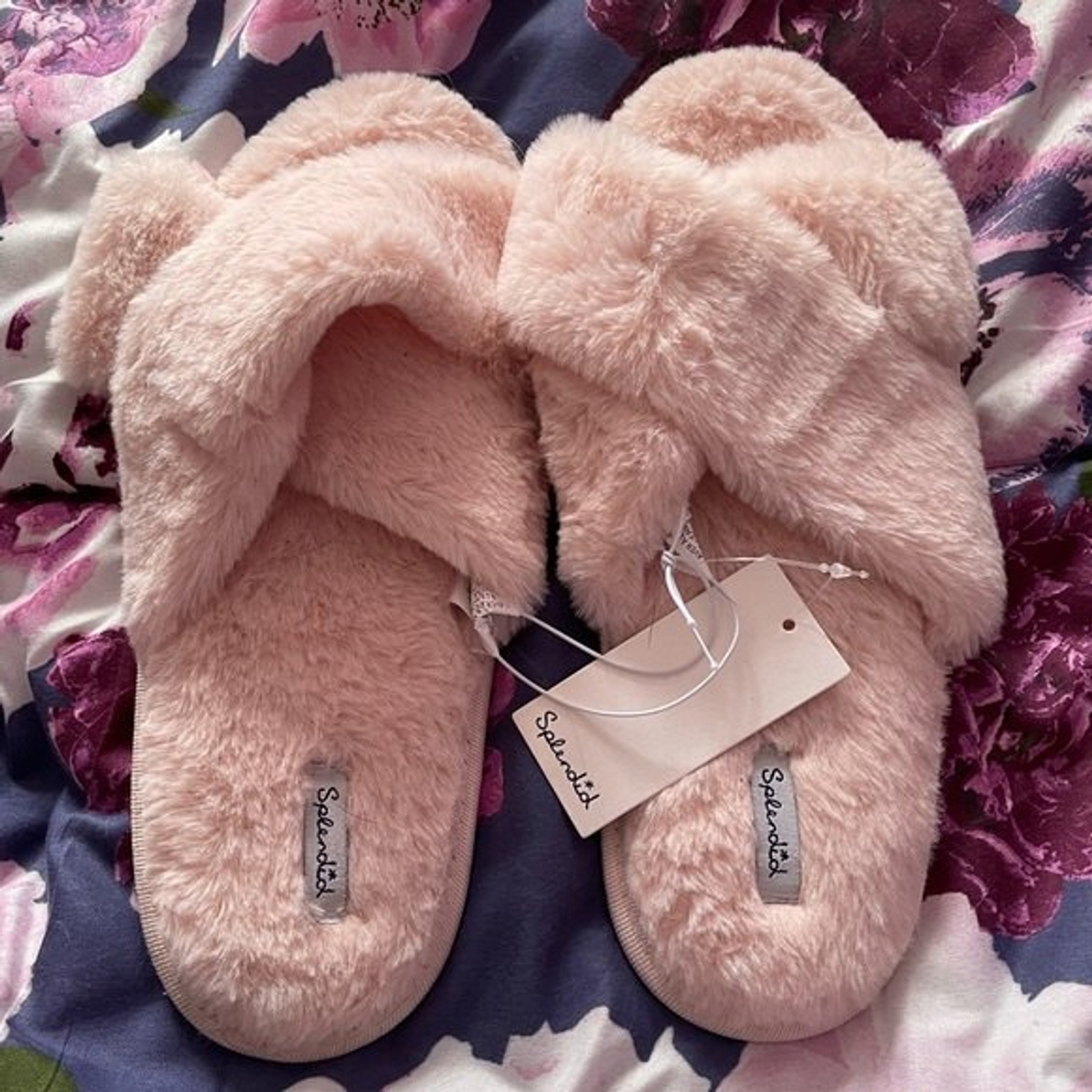 Splendid Pink Fluffy Slippers Criss Cross Open Toes Size M/L NWT | eBay