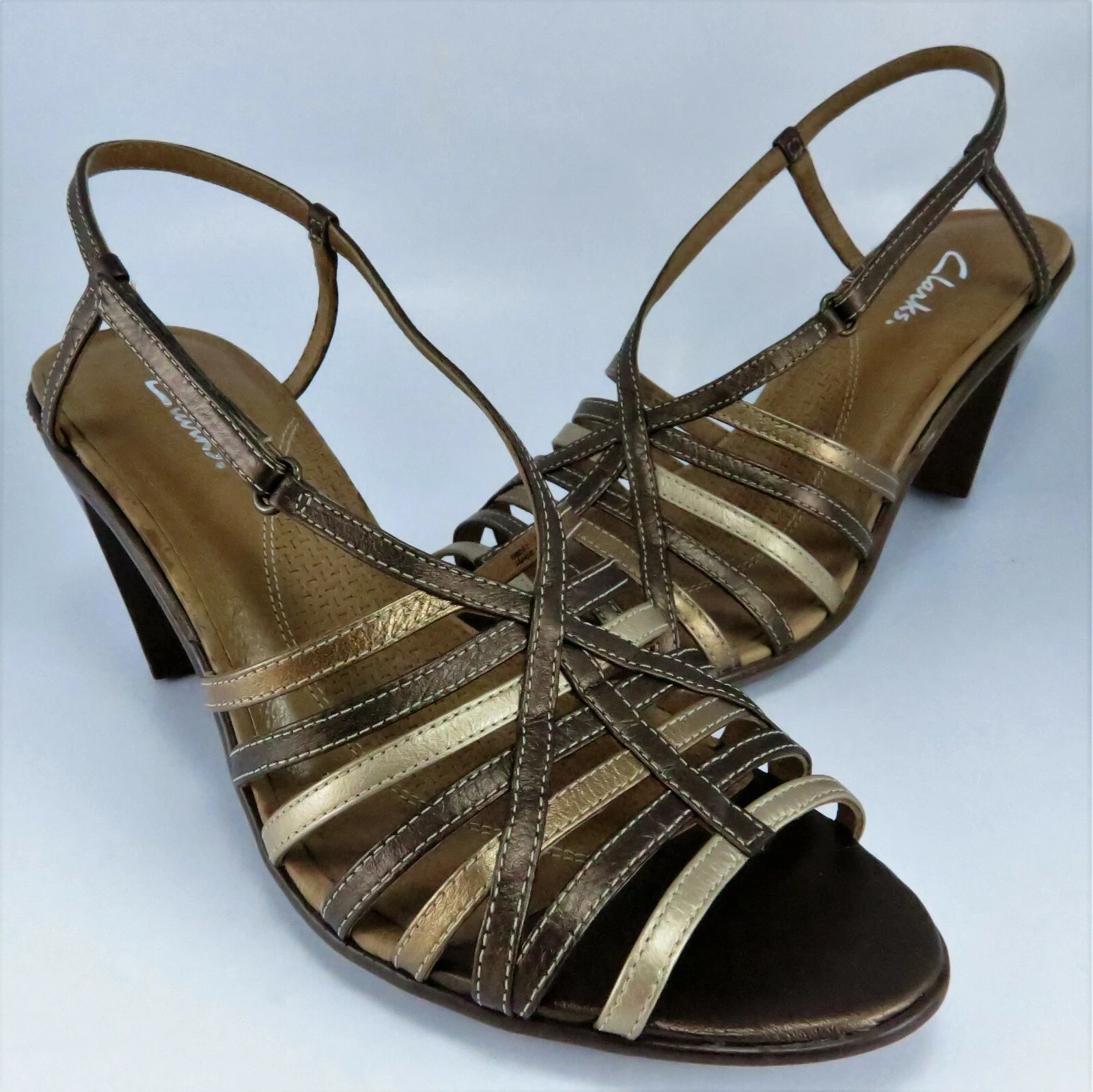 Sandali eleganti Clarks slingback donna taglia 7 5M pelle rame punta aperta tacco 3"