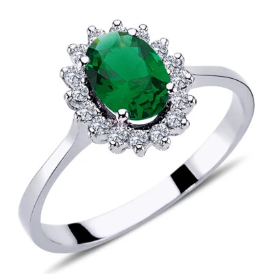 Vintage Style Diamant Oval Smaragd Entourage Ring 14 Karat Weißgold R20236 - Bild 1 von 4