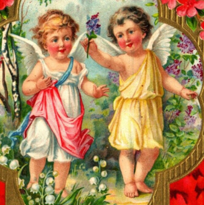 C.1910 CHERUBS ENJOYING FLOWERS, HEARTS GILT VALENTINE'S Postcard P15