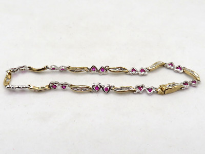 10k TWO-TONE GOLD HEART TENNIS BRACELET w LAB CREATED RUBIES & NATURAL DIAMONDS*