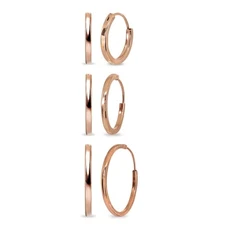 3 Pr Set Rose Gold Flash Silver Endless Square-Tube Hoop Earrings, 14 18 25mm