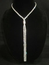 Rhinestone 2 Row Choker Necklace Long Lariat Silver Twist Tassel Bride GORGEOUS!