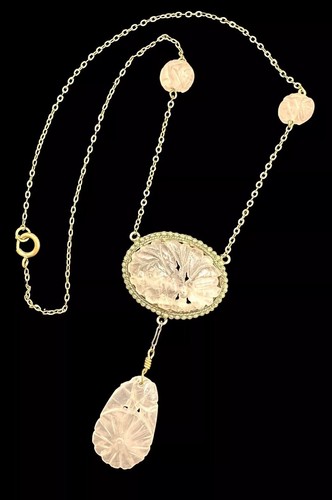 Antique Art Deco Chinese Export Carved Pink Rose Quartz Lavalier Necklace
