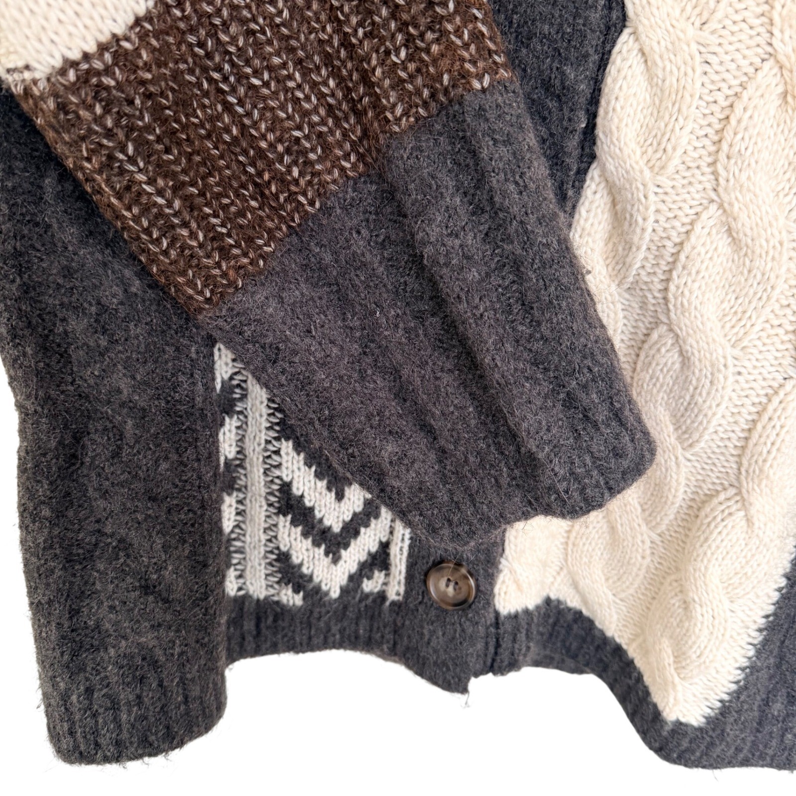 ZARA Patchwork Knit Cardigan Gray Multi Browns Bu… - image 7