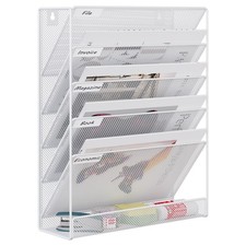5 Tier Wall File Holder Mesh Hanging Folder Organizer Nametag White
