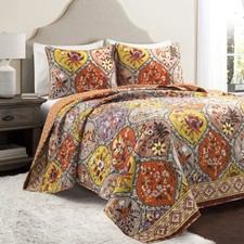 Bohemian Flower Reversible Cotton Quilt Queen Size 3 Piece Set Full/Queen Tan...