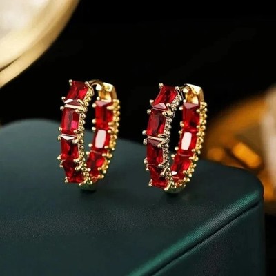 2Ct Emerald Cut Lab-Created Ruby Hoop Earrings Women's 14K Yellow Gold Plated