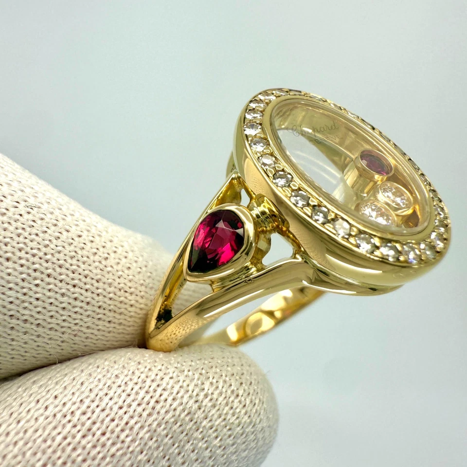 Rare Vintage Chopard Oval Happy Diamonds Ruby & Diamond 18k Yellow Gold Ring - Image 4 of 4