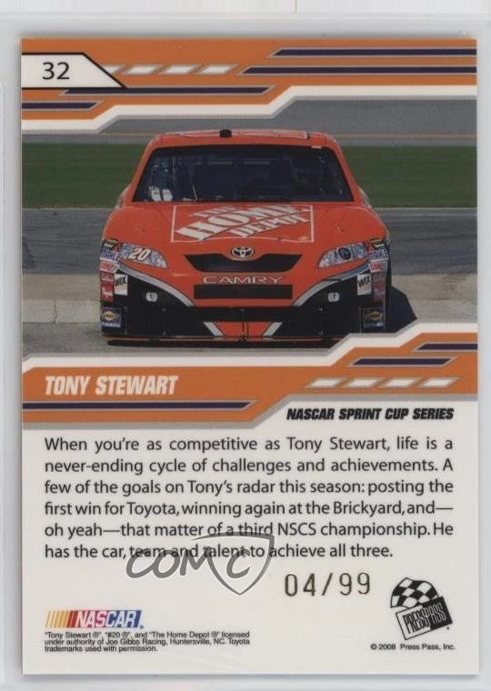 2008 Press Pass Stealth Gold Chrome Exclusives /99 Tony Stewart #32 HOF - Image 2 of 2