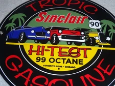 VINTAGE 1961 NOS SINCLAIR HI-TEST GASOLINE + 3 CARS 11 3/4" PORCELAIN METAL SIGN