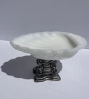 Vintage Milk Glass Shell Soap Dish Jewelry Holder On Pedestal Hollywood Regency