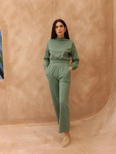 Two Piece Jersey Knit Coord Set Loungewear Crop Top Casual Wear Women Gym Winter