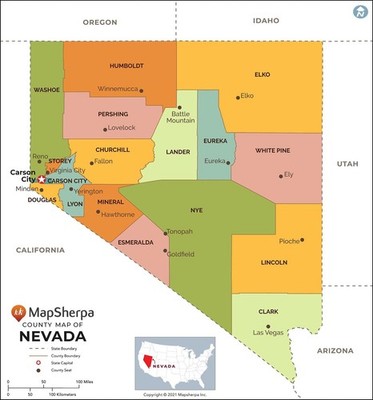 Nevada Grafschaften Karte - Standard - 36'' x 38,75'' laminiert
